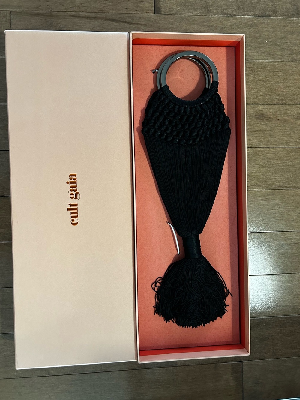 cult gaia Black Crochet Tassel Wristlet with Metal Rings
